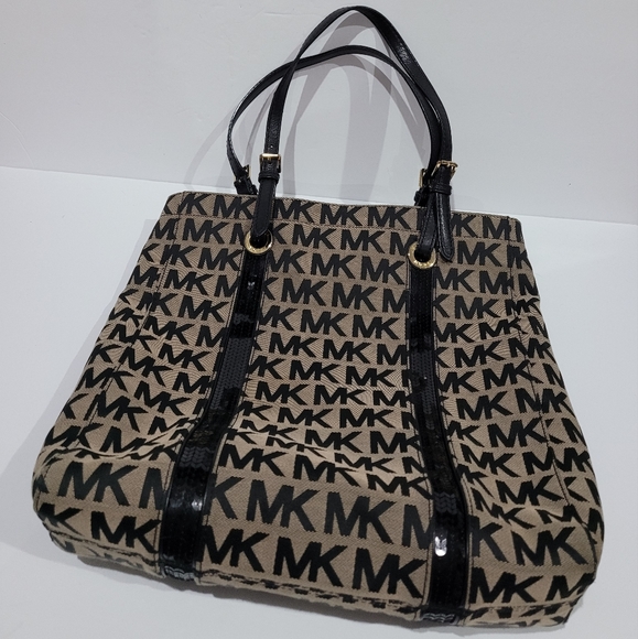 Michael Kors Purse All Over Logo Sequins  & Leather Straps Gold Accent Grommets - Picture 3 of 10